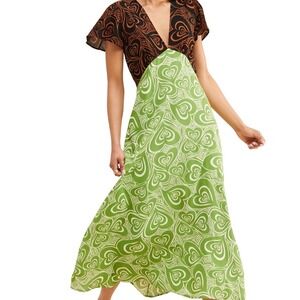 Lisa Says Gah Maxi Dress Black & Green Wild Hearts Print Short Sleeve Small EUC